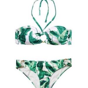 H&M Green Tropical Banana Leaf Print Bandeau Bikini Ring Set XS 2 4